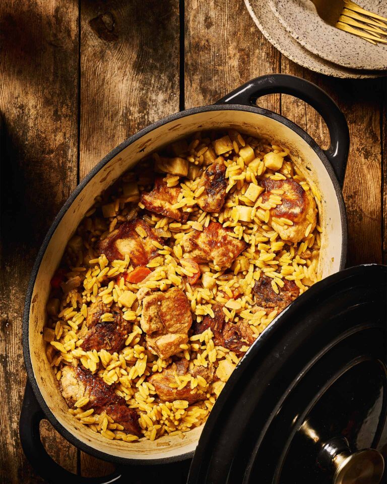 Slow-Cooked Wild Boar "Giouvetsi" with Celery Root & Chestnut Honey